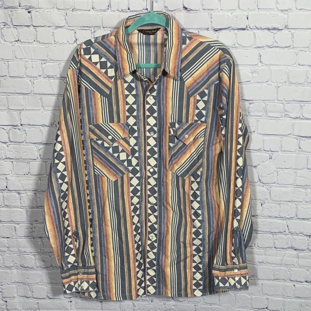 Corzini Mens VTG Western Shirt Full Snap Aztec Striped Print Tan Blue Sz 1X USA